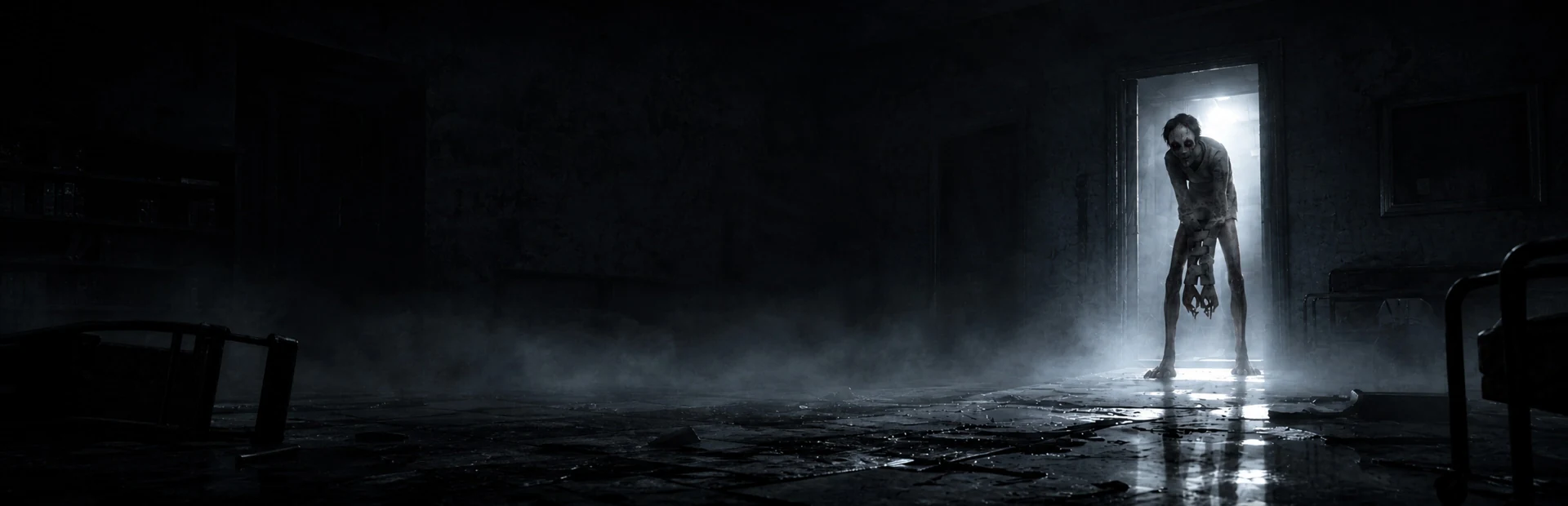 The Lady stands in the doorway of an abandoned hospital in Hunted.